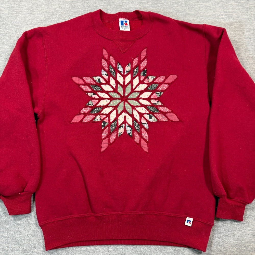 Russell Athletic Sweatshirt Men M Red Pullover Vintage Made in USA Snowflake 90s